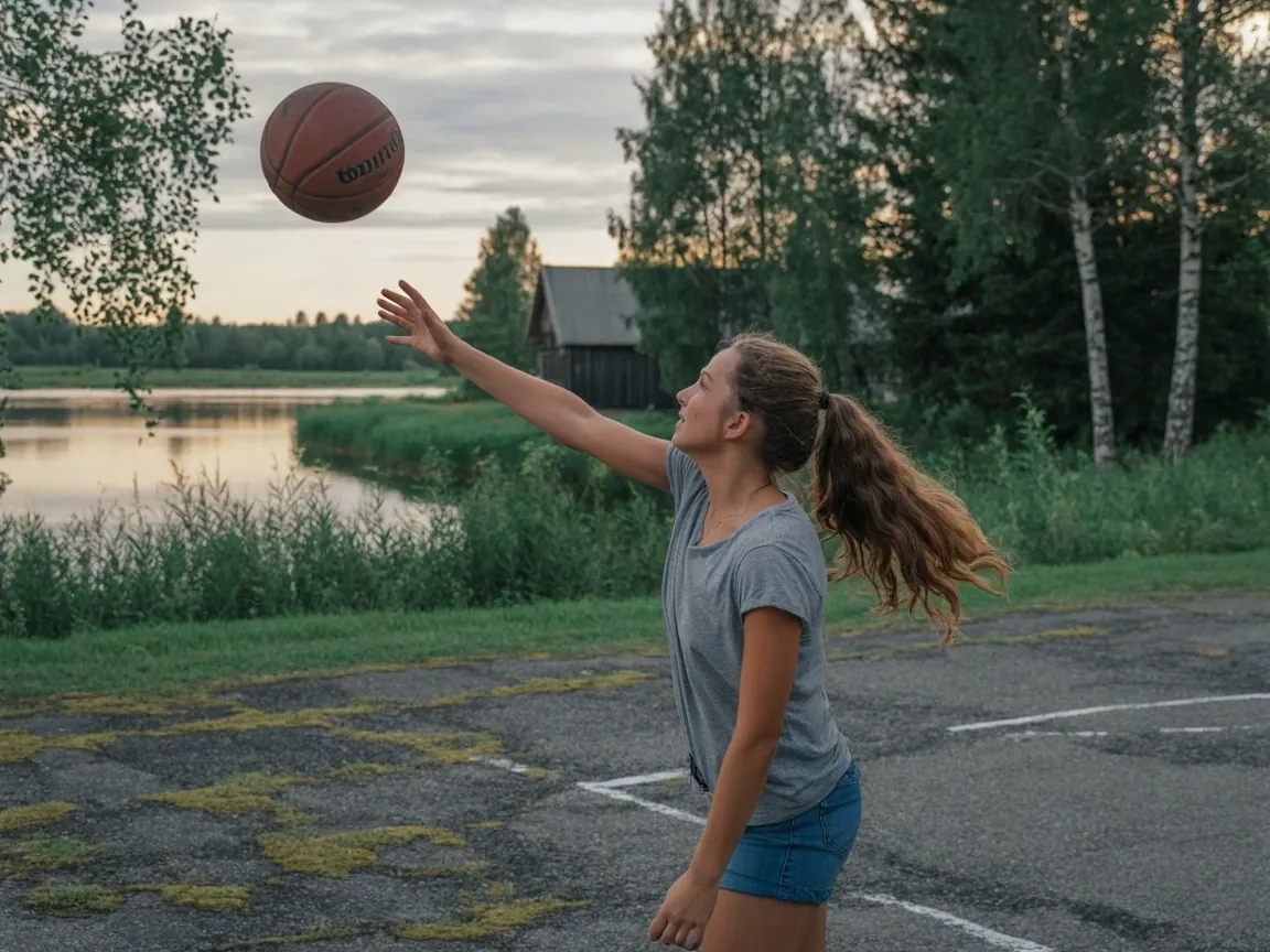 Metiens uz basketbola grozu uz vecā asfalta laukuma